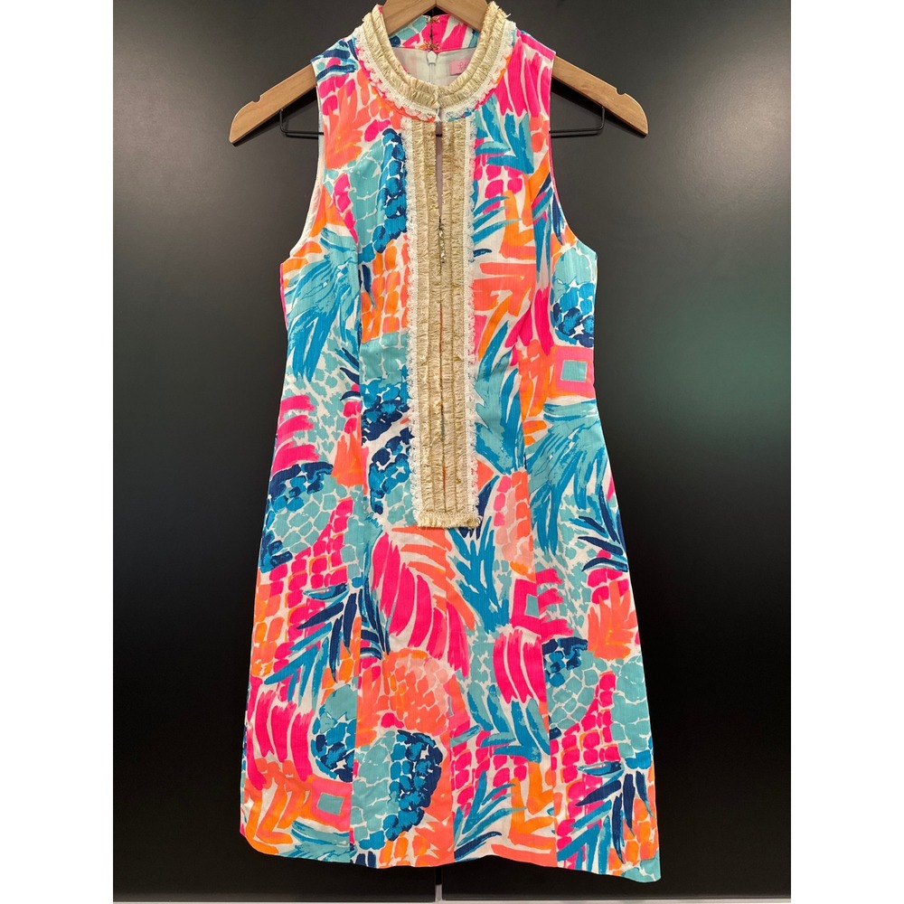 Lilly Pulitzer Mila Shift Dress Multi Pineapple Print Gold Trim Pink Blue 00‎